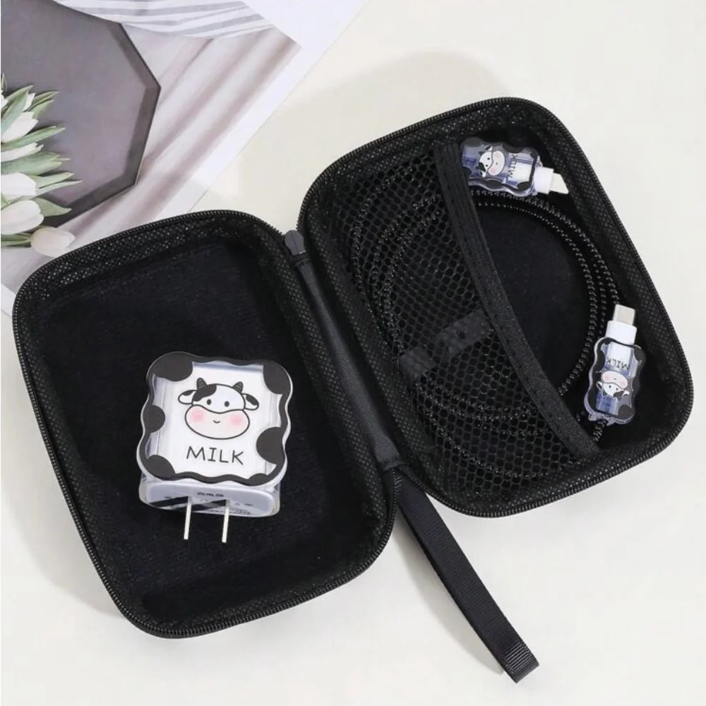 6pcs Cow Pattern TPU Data Cable Protector & Charger Head Cover & Storage Bag Set